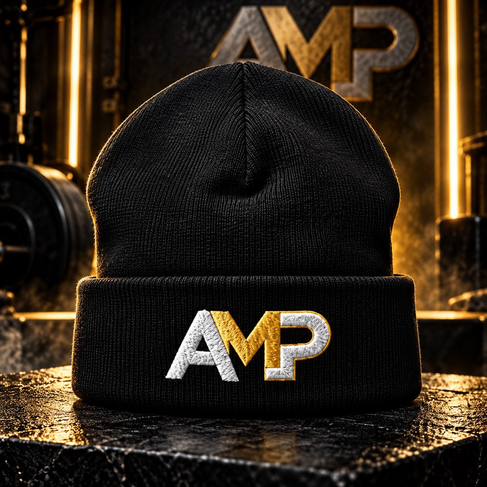 AMP Beanie — black knit beanie with the AMP logo