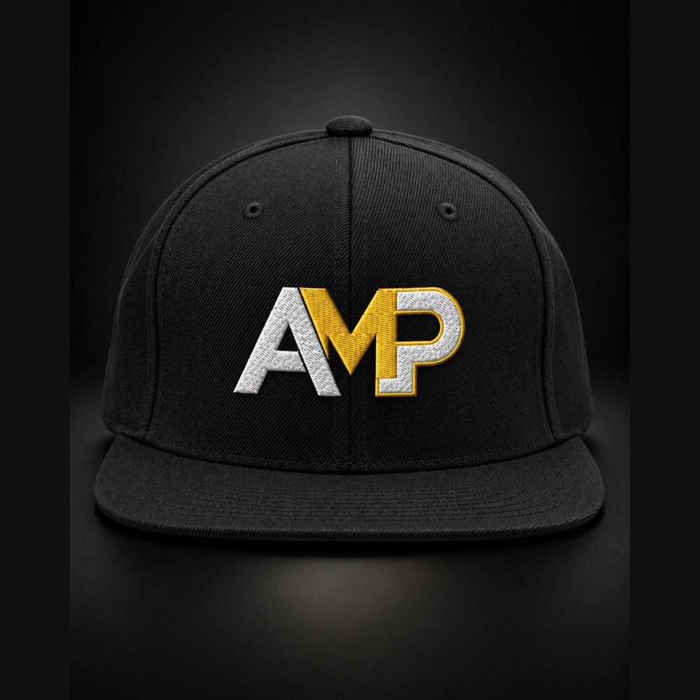 AMP Hat — black snapback with the AMP logo embroidered in white and gold