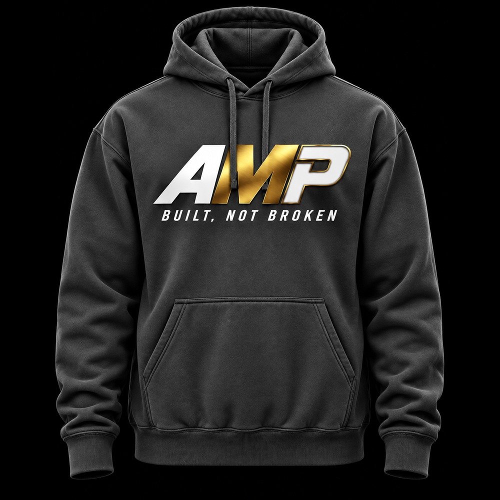 AMP Hoodie — black hoodie printed with the AMP logo and the words Built, Not Broken