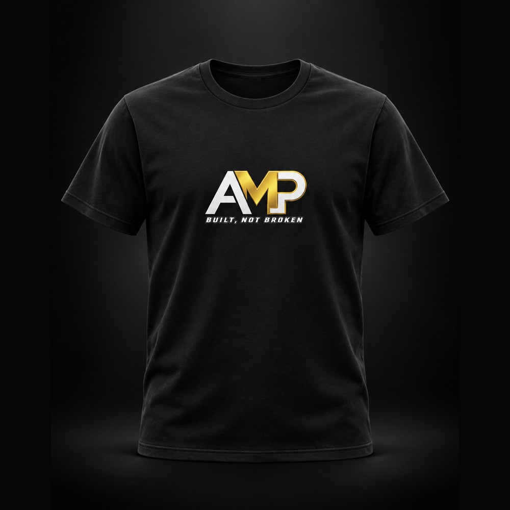 AMP Tee — black tee printed with the AMP logo and the words Built, Not Broken